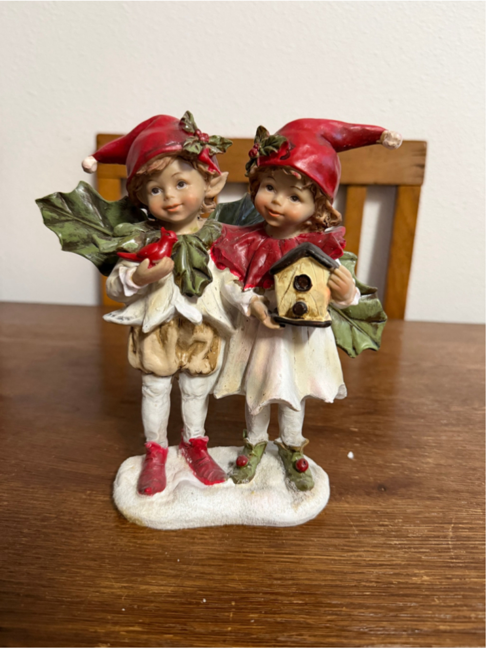 Christmas Elf Fairy Figurine Cardinal Birdhouse Holly Red Green Holiday Decor